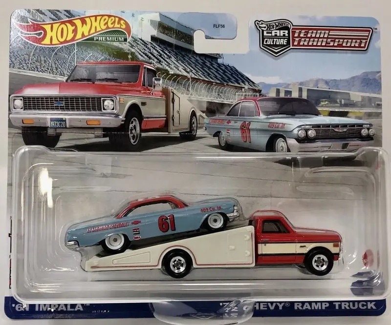 Collectable Carded Hot Wheels - Car Culture Team Transport - 1972 Chevy Ramp Truck Hauler - 1961 Impala 1