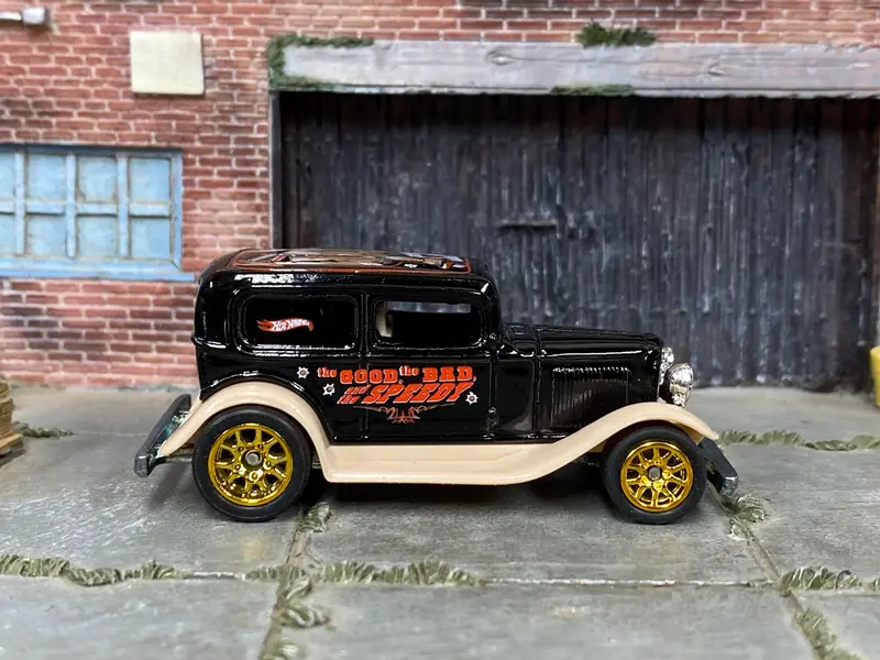 Custom Hot Wheels - 1930 Ford Model A - Black And Tan "The Good, The Bad And The Speedy" - Gold Mag Wheels - Rubber Tires 1
