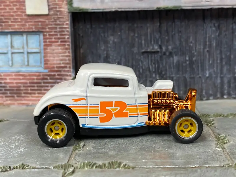 Custom Hot Wheels - 1932 Ford 3 Window - White, Orange And Gold 52 Years - Yellow And Chrome Mag Wheels - Rubber Tires 1