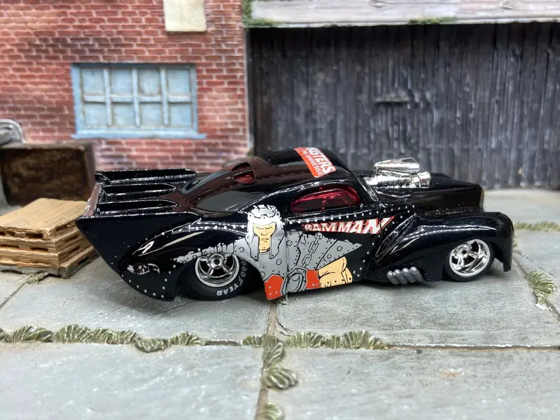 Custom Hot Wheels 1941 Willys Coup Drag Car In Master Of The Universe Ram Man Livery With American Racing Wheels With Goodyear Rubber Tires 1