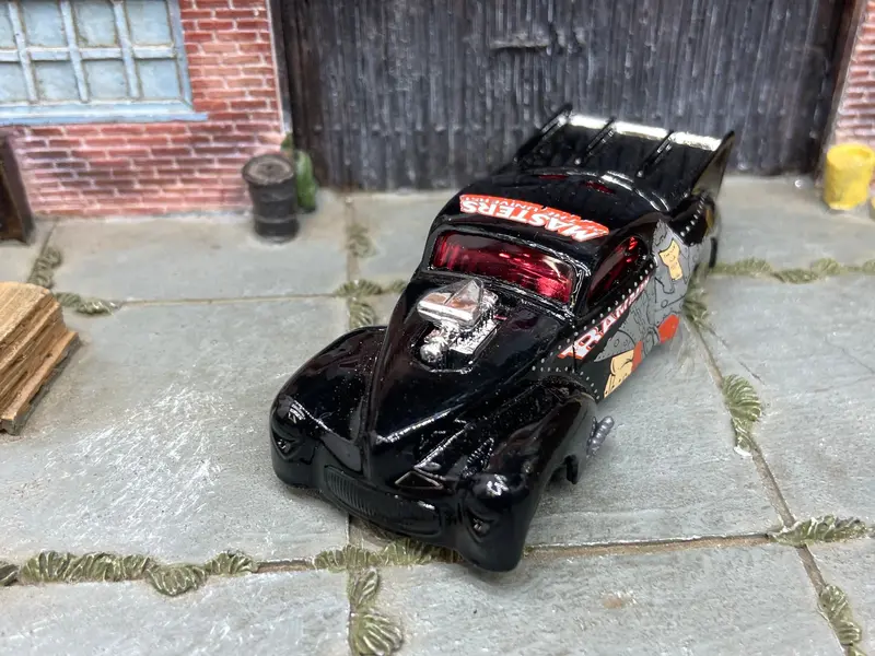 Custom Hot Wheels 1941 Willys Coup Drag Car In Master Of The Universe Ram Man Livery With American Racing Wheels With Goodyear Rubber Tires 2