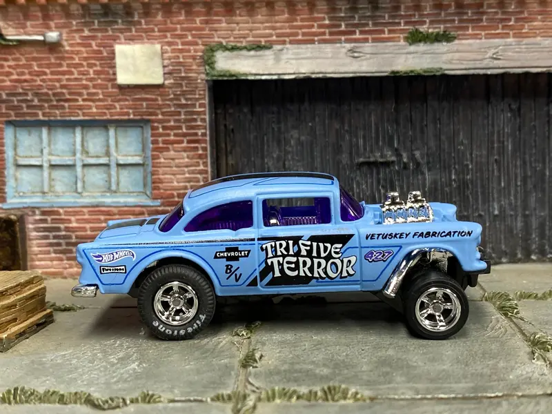 Custom Hot Wheels - 1955 Chevy Gasser - Blue And Black Tri-Five-Terror - Chrome Amr Wheels - Firestone Slicks 1