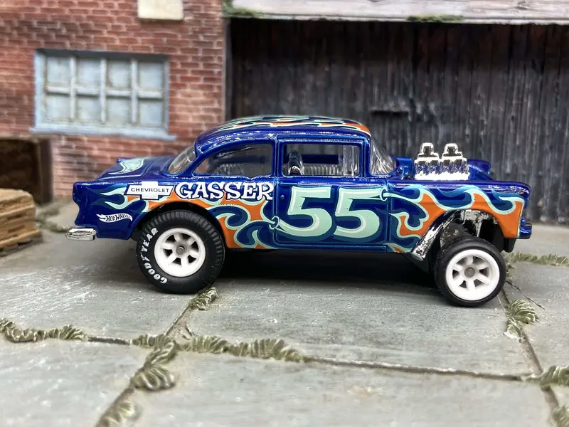 Custom Hot Wheels - 1955 Chevy Gasser - Blue - White 6 Spoke Wheels - Goodyear Rubber Tire 1