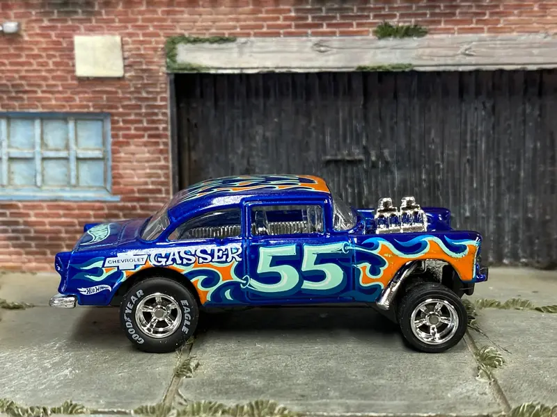 Custom Hot Wheels - 1955 Chevy Gasser - Blue With Flames-Five - Chrome Amr Wheels - Goodyear Slicks 1