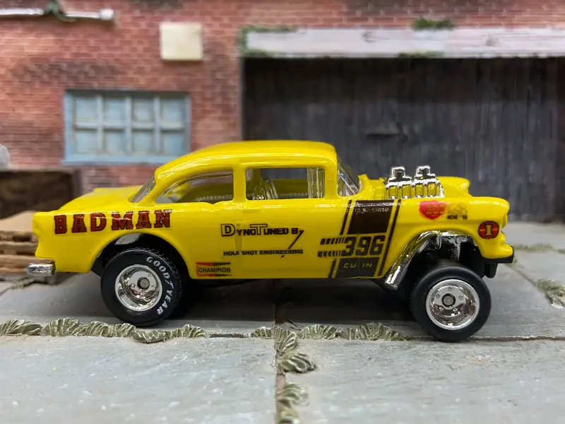Custom Hot Wheels - 1955 Chevy Gasser Drag Car - Goodyear Drag Slicks - Custom Painted Yellow Badman Racing 1