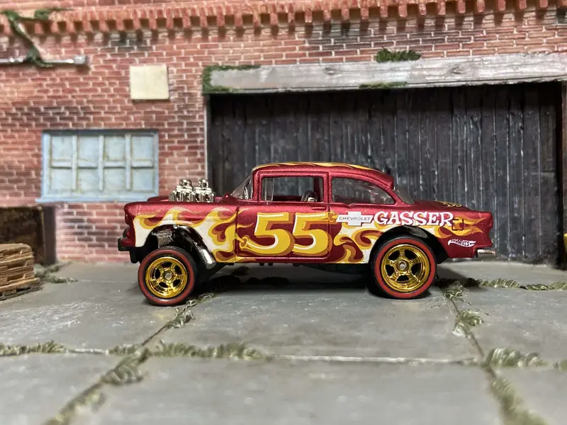 Custom Hot Wheels 1955 Chevy Gasser Drag Car In Red With Flames With Gold 5 Spoke Race Wheels With Redline Rubber Tires 1