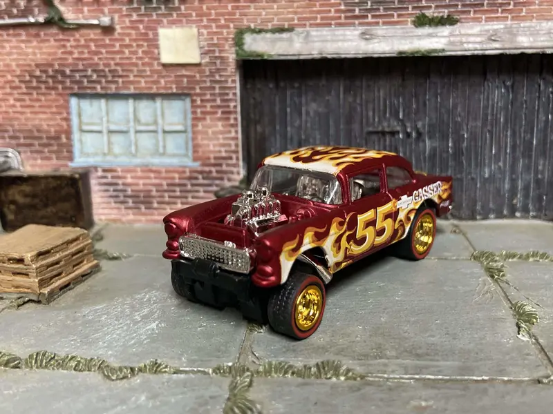 Custom Hot Wheels 1955 Chevy Gasser Drag Car In Red With Flames With Gold 5 Spoke Race Wheels With Redline Rubber Tires 2