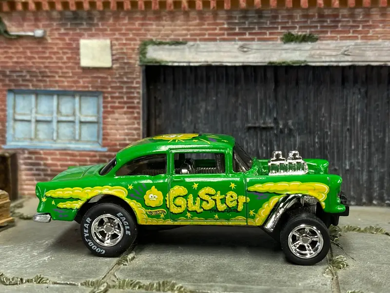 Custom Hot Wheels - 1955 Chevy Gasser - Green And Yellow Guster - Chrome Amr Wheels - Goodyear Slicks 1