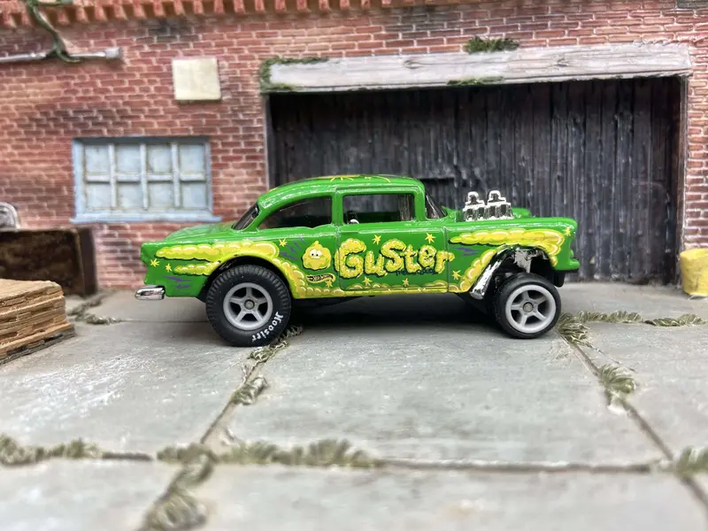 Custom Hot Wheels - 1955 Chevy Gasser - Guster Green And Yellow - Gray 6 Spoke Wheels - Hoosier Rubber Tires 1