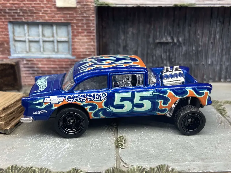 Custom Hot Wheels 1955 Chevy Gasser In Blue With Black 5 Spoke Race Wheels With Rubber Tires 1