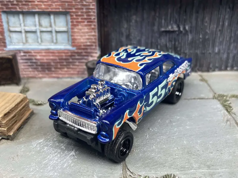 Custom Hot Wheels 1955 Chevy Gasser In Blue With Black 5 Spoke Race Wheels With Rubber Tires 2