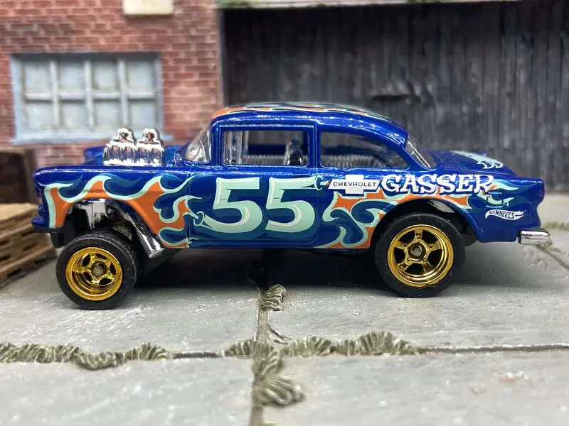 Custom Hot Wheels 1955 Chevy Gasser In Blue With Gold 5 Spoke Race Wheels With Rubber Tires 1