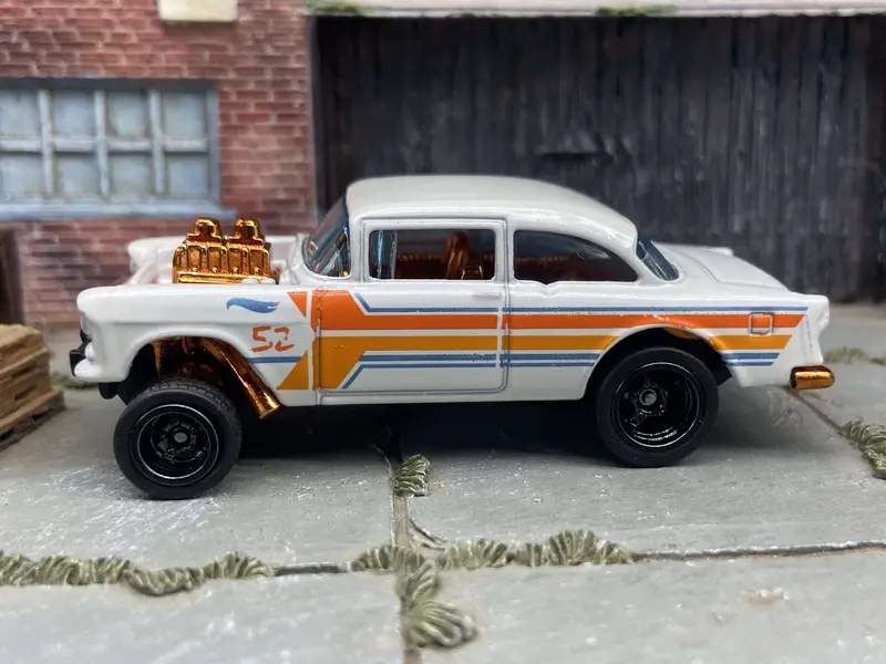 Custom Hot Wheels 1955 Chevy Gasser In Pearl White And Copper With Black 5 Spoke Race Wheels With Rubber Tires 1