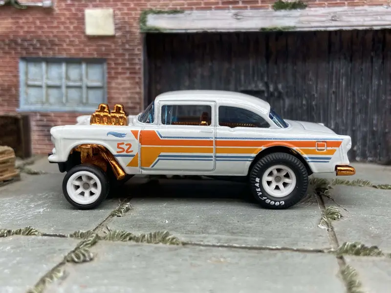 Custom Hot Wheels 1955 Chevy Gasser In Pearl White And Copper With Drag Wheels And Goodyear Cheater Slicks 1