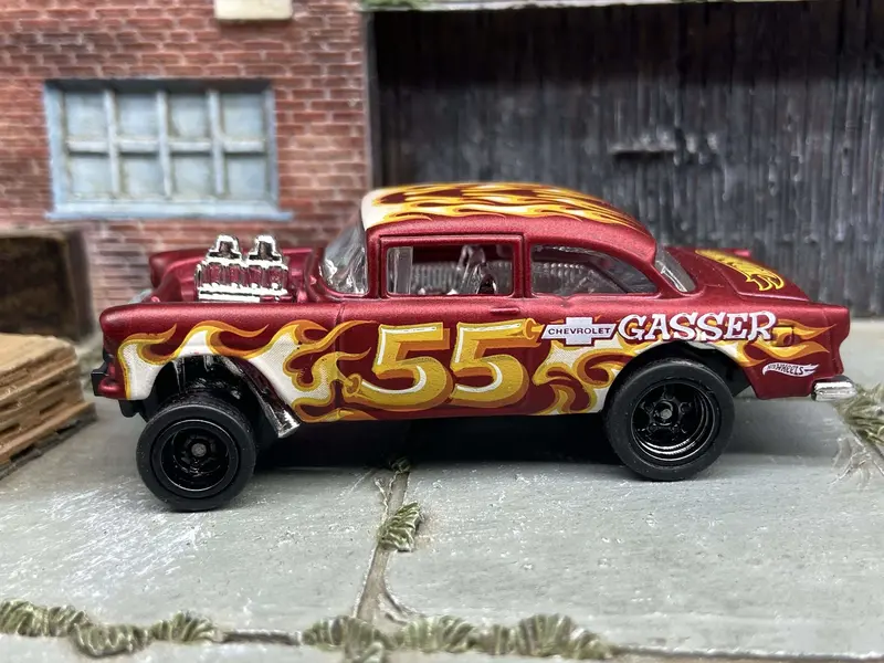 Custom Hot Wheels 1955 Chevy Gasser In Satin Red With Black 5 Spoke Race Wheels With Rubber Tires 1