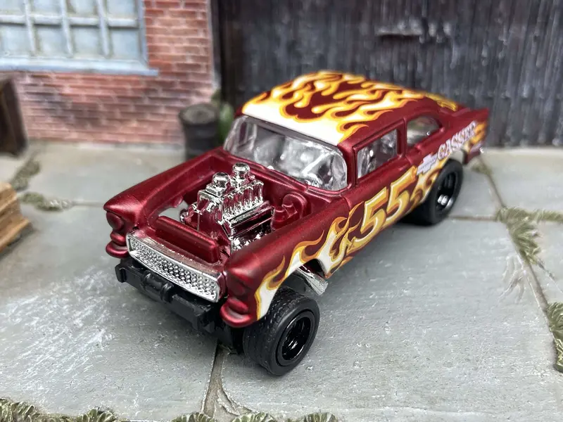 Custom Hot Wheels 1955 Chevy Gasser In Satin Red With Black 5 Spoke Race Wheels With Rubber Tires 2