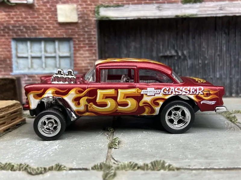Custom Hot Wheels 1955 Chevy Gasser In Satin Red With Chrome 5 Spoke Race Wheels With Rubber Tires 1