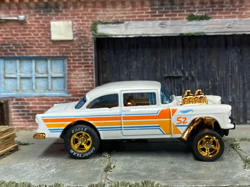 Custom Hot Wheels - 1955 Chevy Gasser - Pearl And God 52 Years - Gold Amr Wheels - Goodyear Slicks 1