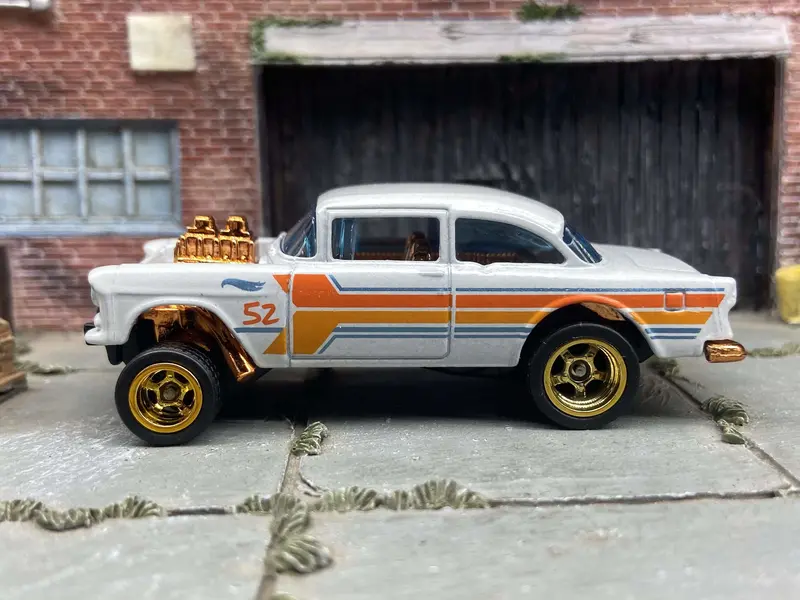 Custom Hot Wheels - 1955 Chevy Gasser - Pearl White And Copper With Gold 5 Spoke Race Wheels - Rubber Tires 1