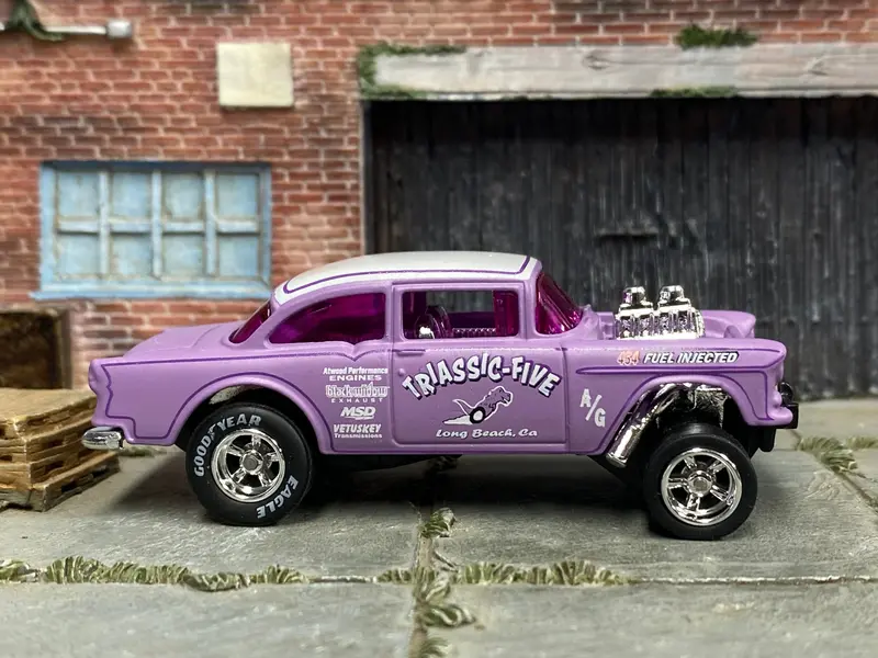 Custom Hot Wheels - 1955 Chevy Gasser - Purple And White Triassic-Five - Chrome Amr Wheels - Goodyear Slicks 1