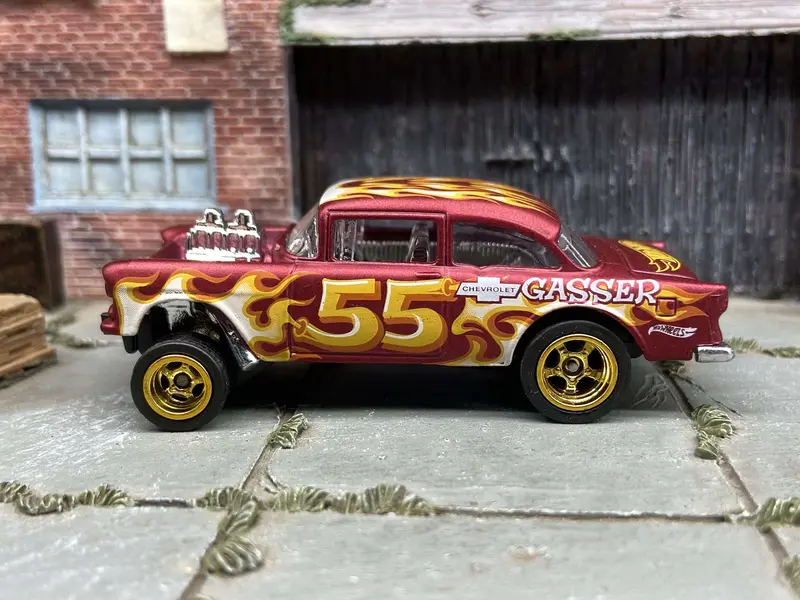 Custom Hot Wheels - 1955 Chevy Gasser - Satin Red - Gold 5 Spoke Race Wheels - Rubber Tires 1