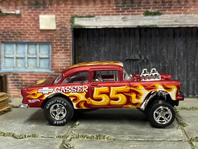 Custom Hot Wheels - 1955 Chevy Gasser - Satin Red With Flames-Five - Chrome Amr Wheels - Goodyear Slicks 1