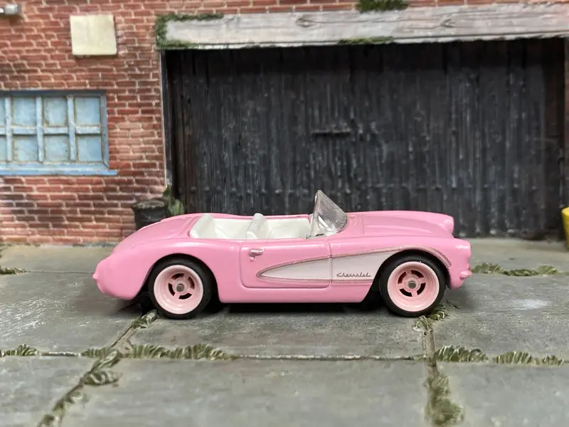 Custom Hot Wheels - 1956 Chevy Corvette - Barbie Pink And White - Pink 4 Spoke Wheels - Rubber Tires 1