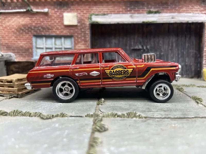 Custom Hot Wheels - 1964 Chevy Nova Station Wagon Gasser Drag Car - Burgundy - Chrome 5 Spoke Deep Dish Wheels - Rubber Tires 1
