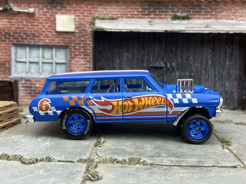 Custom Hot Wheels 1964 Chevy Nova Wagon Gasser In Hot Wheels Blue Livery With Blue 5 Star Wheels With Hoosier Rubber Tires 1