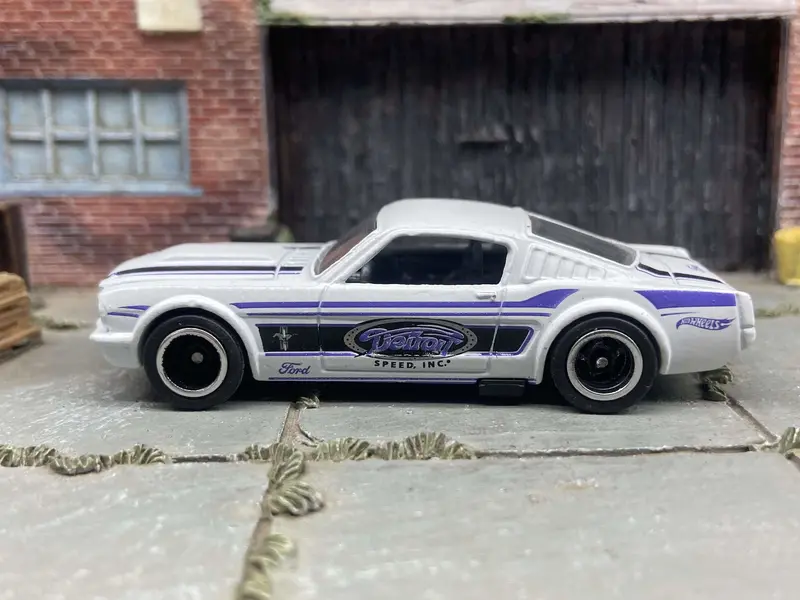 Custom Hot Wheels 1965 Ford Mustang Fastback In Detroit White And Blue With Black And Chrome Deep Dish 5 Spoke Wheels With Rubber Tires 1