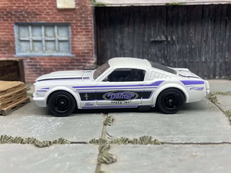 Custom Hot Wheels 1965 Ford Mustang Fastback In Detroit White And Blue With Black Deep Dish 5 Spoke Wheels With Rubber Tires 1