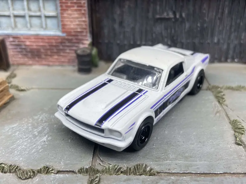 Custom Hot Wheels 1965 Ford Mustang Fastback In Detroit White And Blue With Black Deep Dish 5 Spoke Wheels With Rubber Tires 2