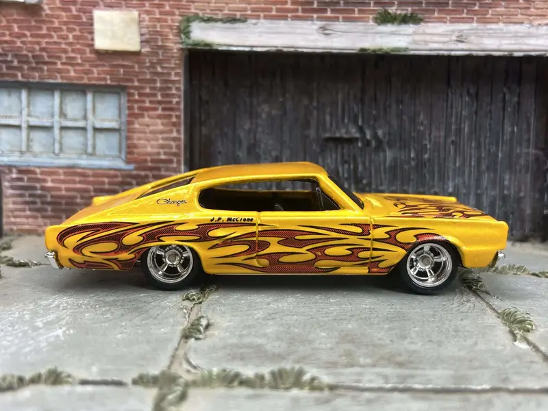 Custom Hot Wheels - 1967 Dodge Charger - Yellow With Flames - Chrome Mag Wheels With Rubber Tires 1