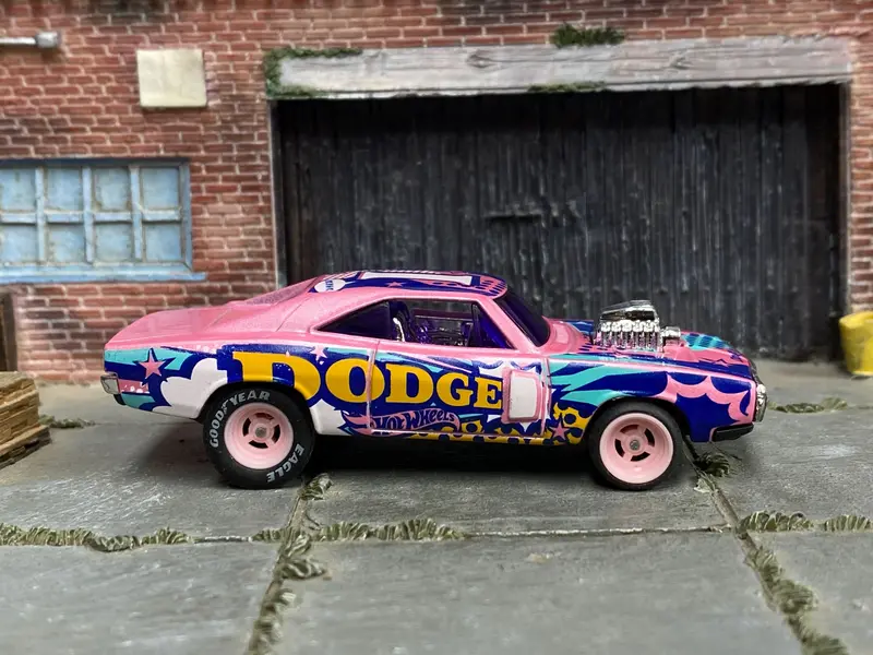 Custom Hot Wheels - 1969 Dodge Charger - Pink Art Car - Pink Mag Wheels - Rubber Tires 1