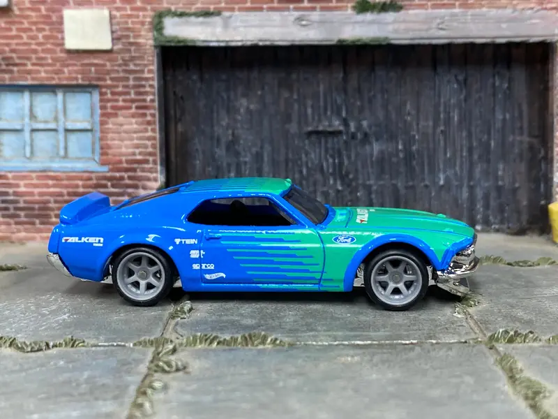 Custom Hot Wheels - 1969 Ford Mustang Boss 302 - Falken Green And Blue - Gray Mag Wheels - Rubber Tires 1