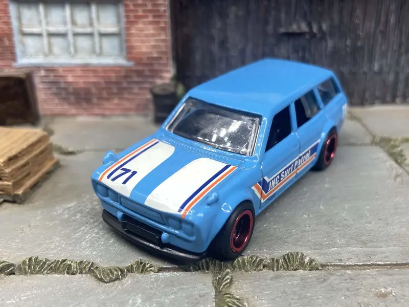 Custom Hot Wheels 1971 Datsun 510 Wagon In Light Blue And White With Black And Red 5 Spoke Wheels With Rubber Tires 2
