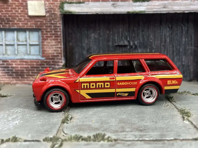 Custom Hot Wheels 1971 Datsun 510 Wagon In Momo Red Yellow Black With Chrome And Red 4 Spoke Race Wheels With Rubber Tires 1