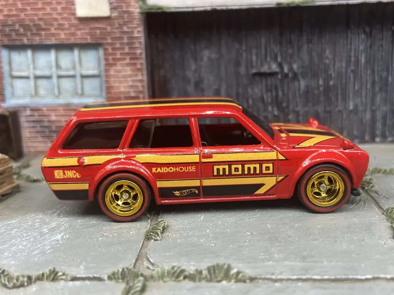 Custom Hot Wheels 1971 Datsun 510 Wagon In Momo Red Yellow Black With Gold 5 Spoke Race Wheels With Redline Rubber Tires 1