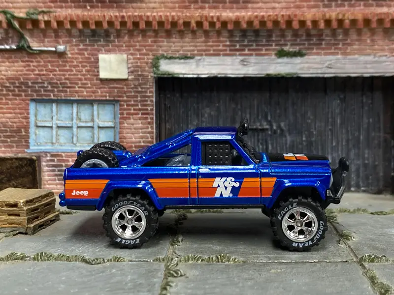 Custom Hot Wheels - 1973 Jeep J10 - Blue K&N - Gold Mag Wheels - Goodyear Offroad Rubber Tires 1