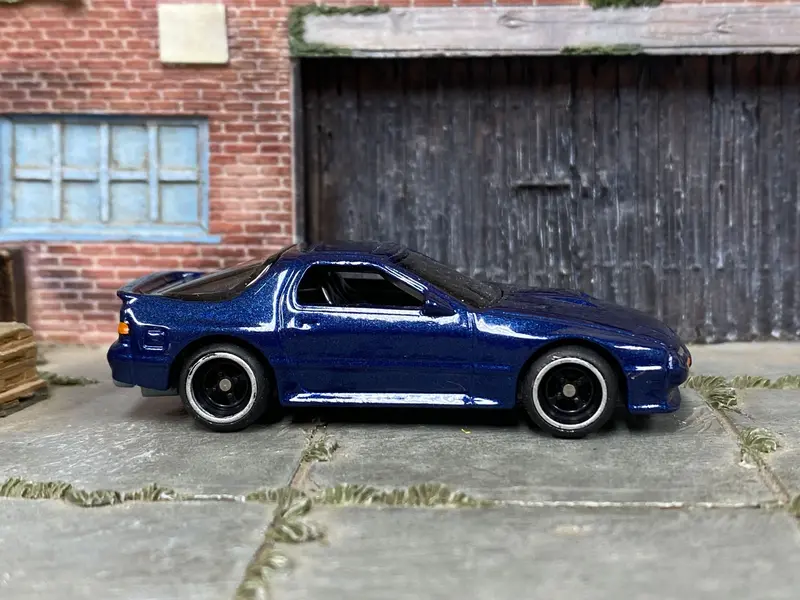 Custom Hot Wheels - 1989 Mazda Rx7 Savanna- Blue - Black And Chrome Mag Wheels - Rubber Tires 1
