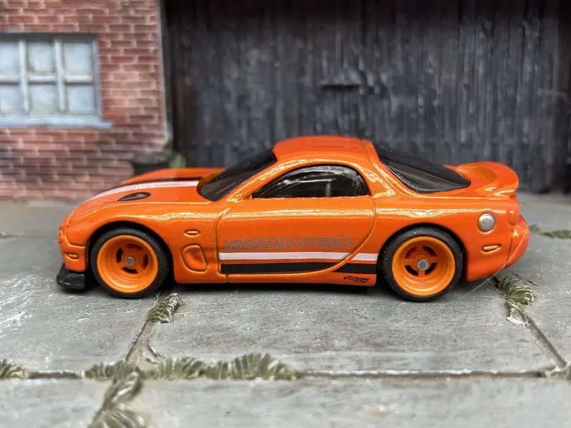Custom Hot Wheels 1995 Mazda Rx-7 In Orange With Orange 4 Spoke Deep Dish Wheels With Rubber Tires 1