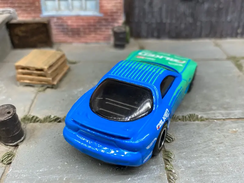 Custom Hot Wheels 1995 Mazda Rx7 In Blue And Green Falken Tires With Black And Chrome Steel Wheels With Firestone Tires 2