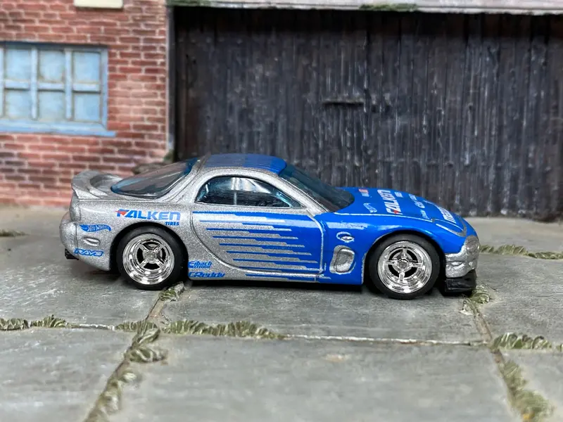 Custom Hot Wheels - 1995 Mazda Rx7 - Silve And Blue Falken Tires - Chrome Mag Wheels - Rubber Tires 1