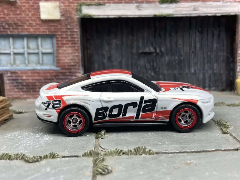 Custom Hot Wheels 2015 Ford Mustang Gt In White And Red With Borla Livery With Chrome And Red 5 Spoke Race Wheels With Rubber Tires 1