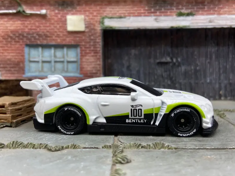 Custom Hot Wheels 2018 Bentely Continental Gt3 In Satin White And Green With Black Track Wheels With Yokohama Rubber Tires 1