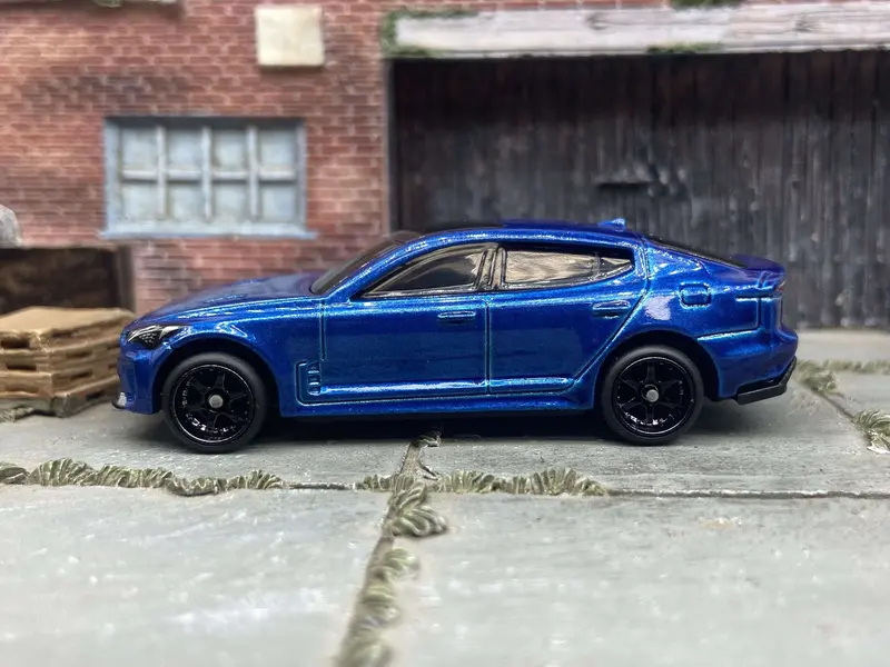Custom Hot Wheels 2019 Kia Stinger Gt In Blue With Black 6 Spoke Studded Race Wheels With Rubber Tires 1
