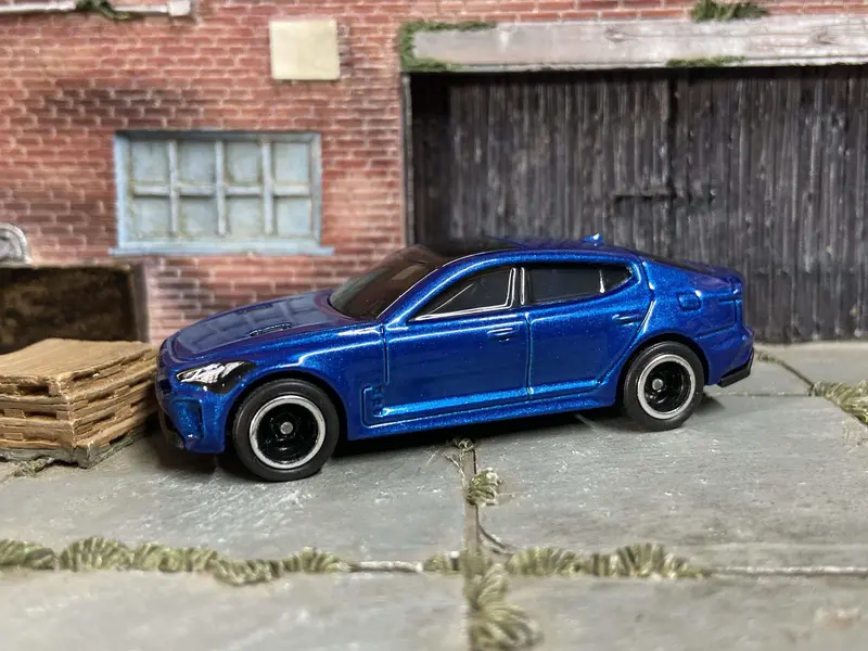 Custom Hot Wheels 2019 Kia Stinger Gt In Blue With Black And Chrome 5 Spoke Wheels With Rubber Tires 1