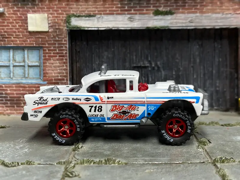 Custom Hot Wheels - Big Air Bel Air Chevy Bel Air - Whie And Blue - Red Mag Wheels - Off Road Rubber Tires 1