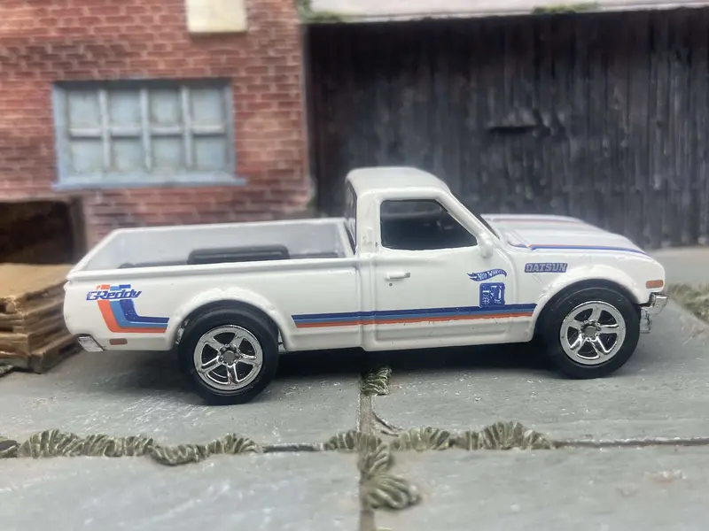 Custom Hot Wheels Datsun 620 Mini Truck In White With Chrome Factory 5 Spoke Wheels With Rubber Tires 1