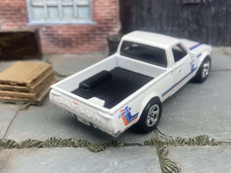 Custom Hot Wheels Datsun 620 Mini Truck In White With Chrome Factory 5 Spoke Wheels With Rubber Tires 2